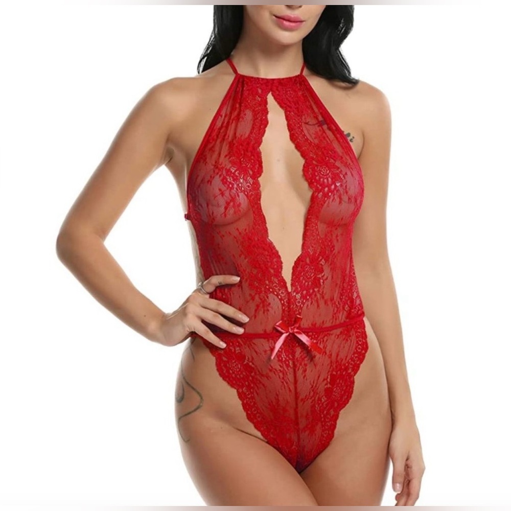 ❤️ New ❤️ Red Lace Halter Bodysuit Lingerie Size Small ❤️